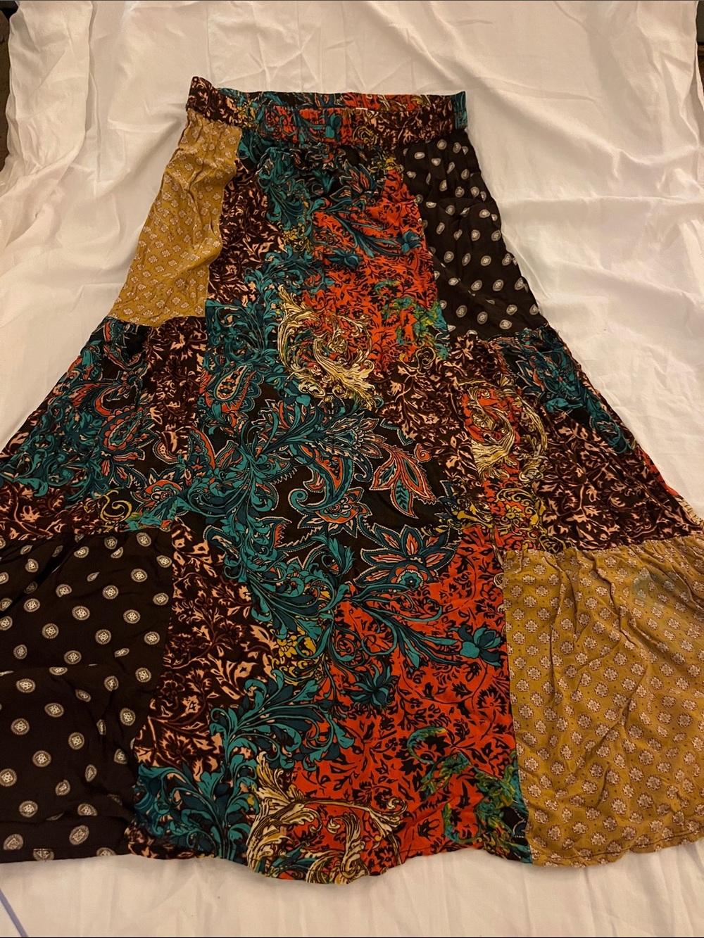 Cato Multicolor Patchwork Maxi Skirt - Teal, Orange, Mustard & Brown